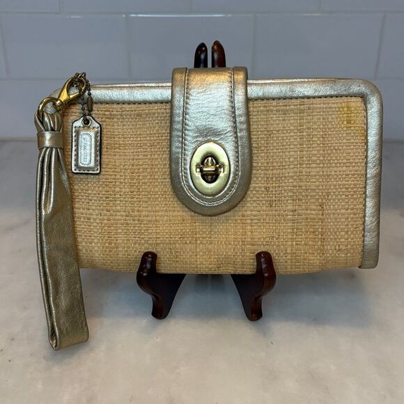 Coach Parker Natural Straw Leather Trim Clutch Wristlet Wallet Clutch - Picture 1 of 16